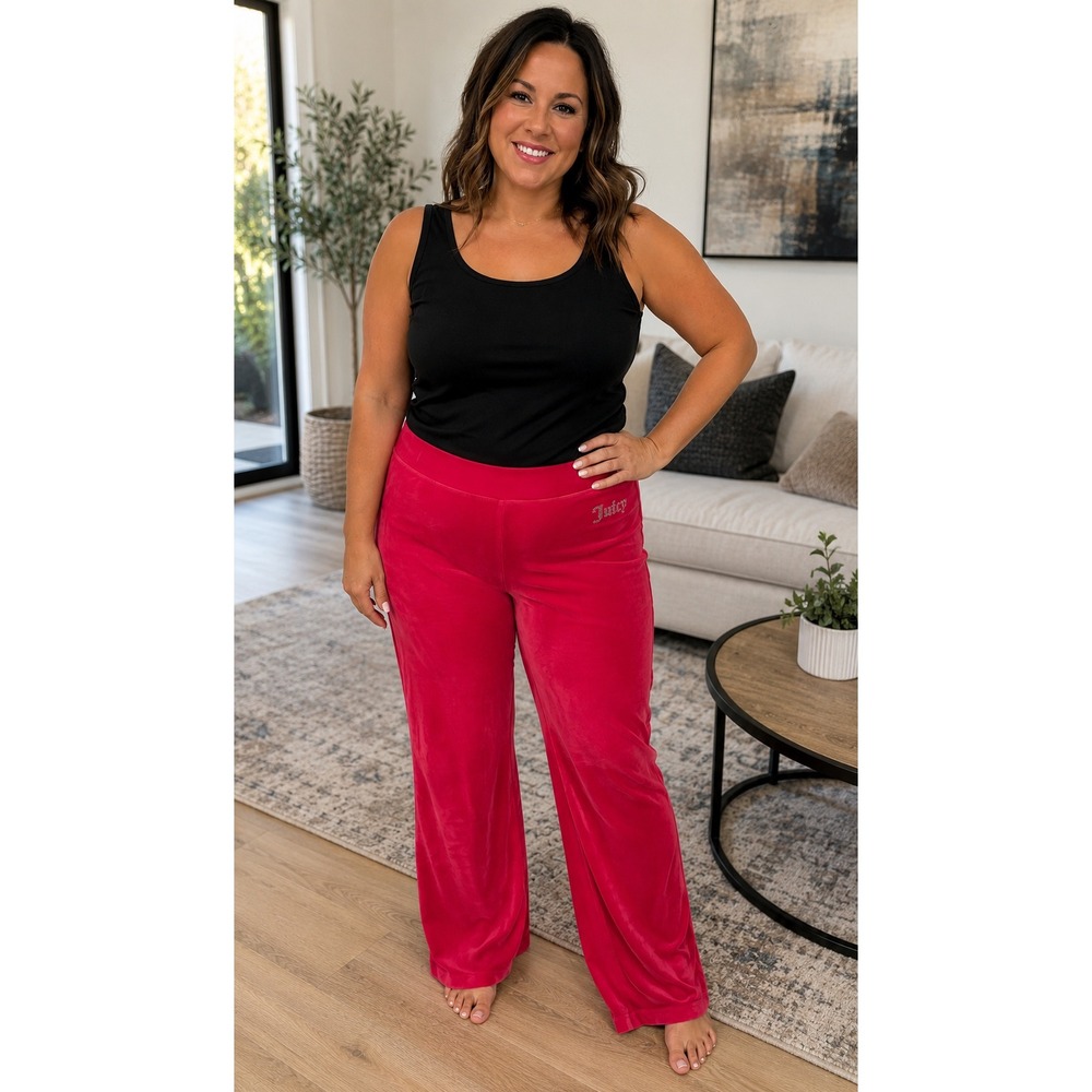 Juicy Couture Pink Velour Wide Leg Track Pants Rhinestone Logo Size Medium